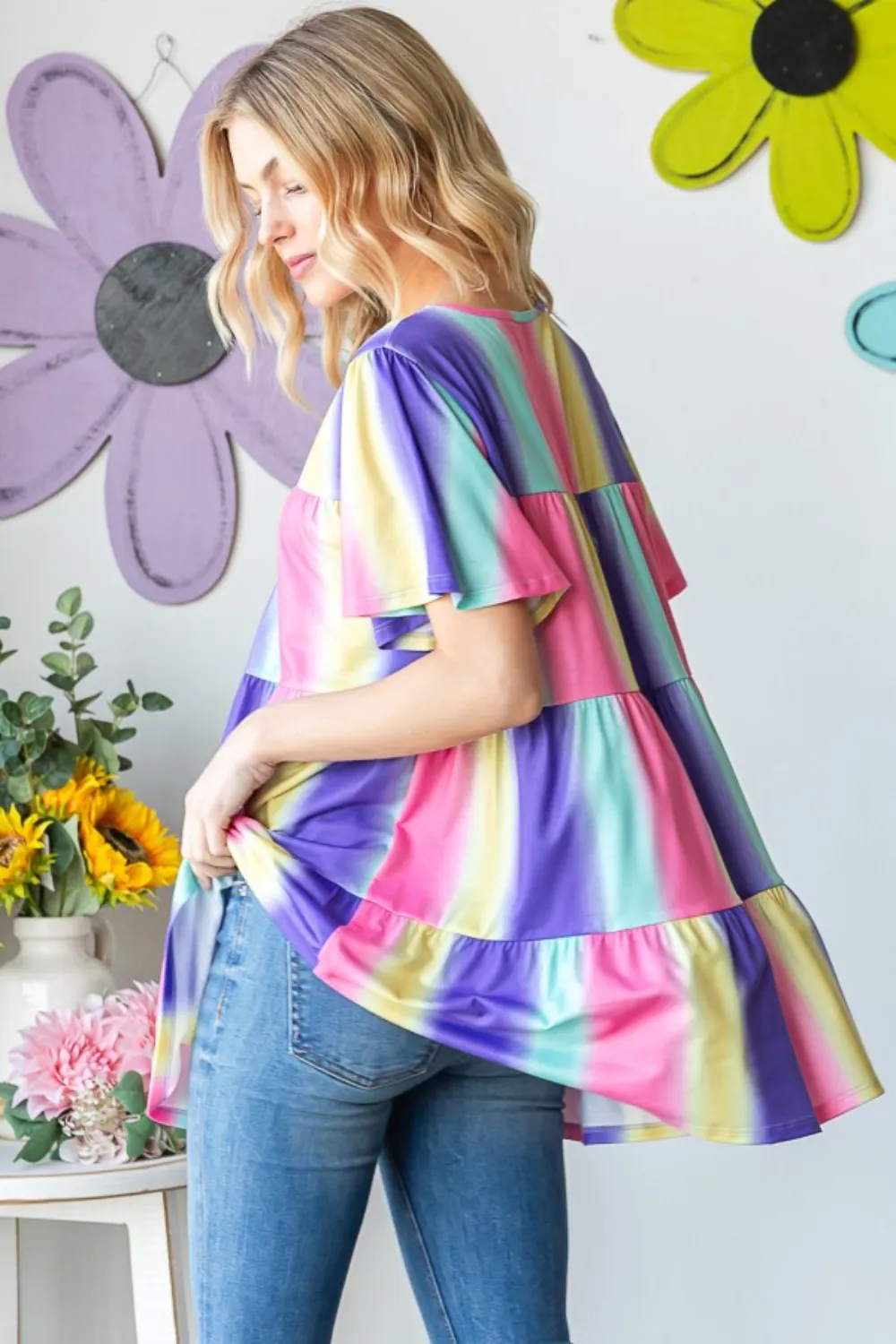 Full Size Short Sleeve Striped Tiered Top, image 3