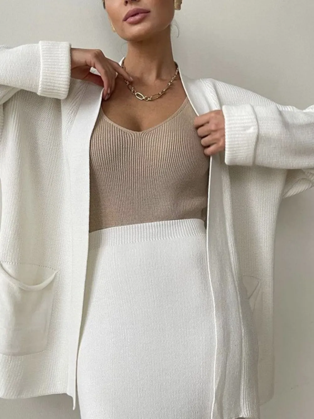 Pocketed Long Sleeve Cardigan and Skirt Sweater Set, image 3