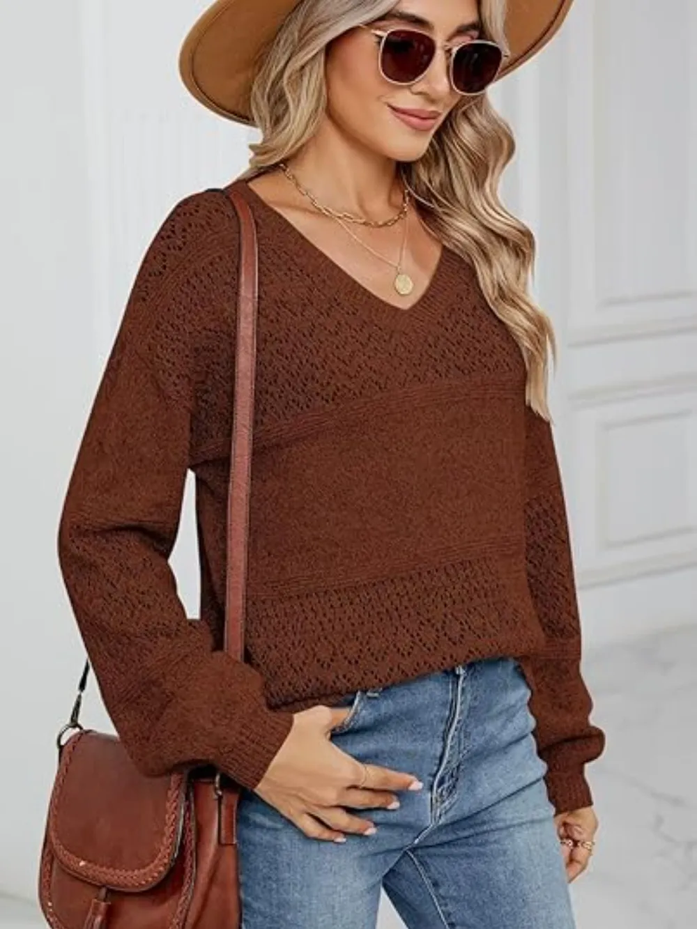 Eyelet V-Neck Long Sleeve Sweater, image 10