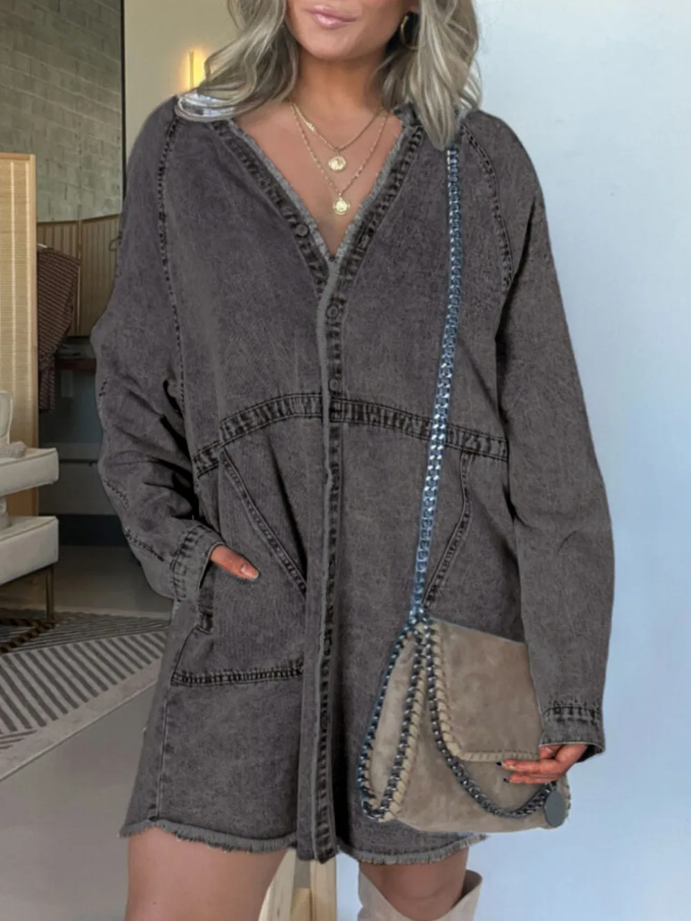 Full Size Button-Front Long Sleeve Denim Shirt Dress Plus Size, image 12