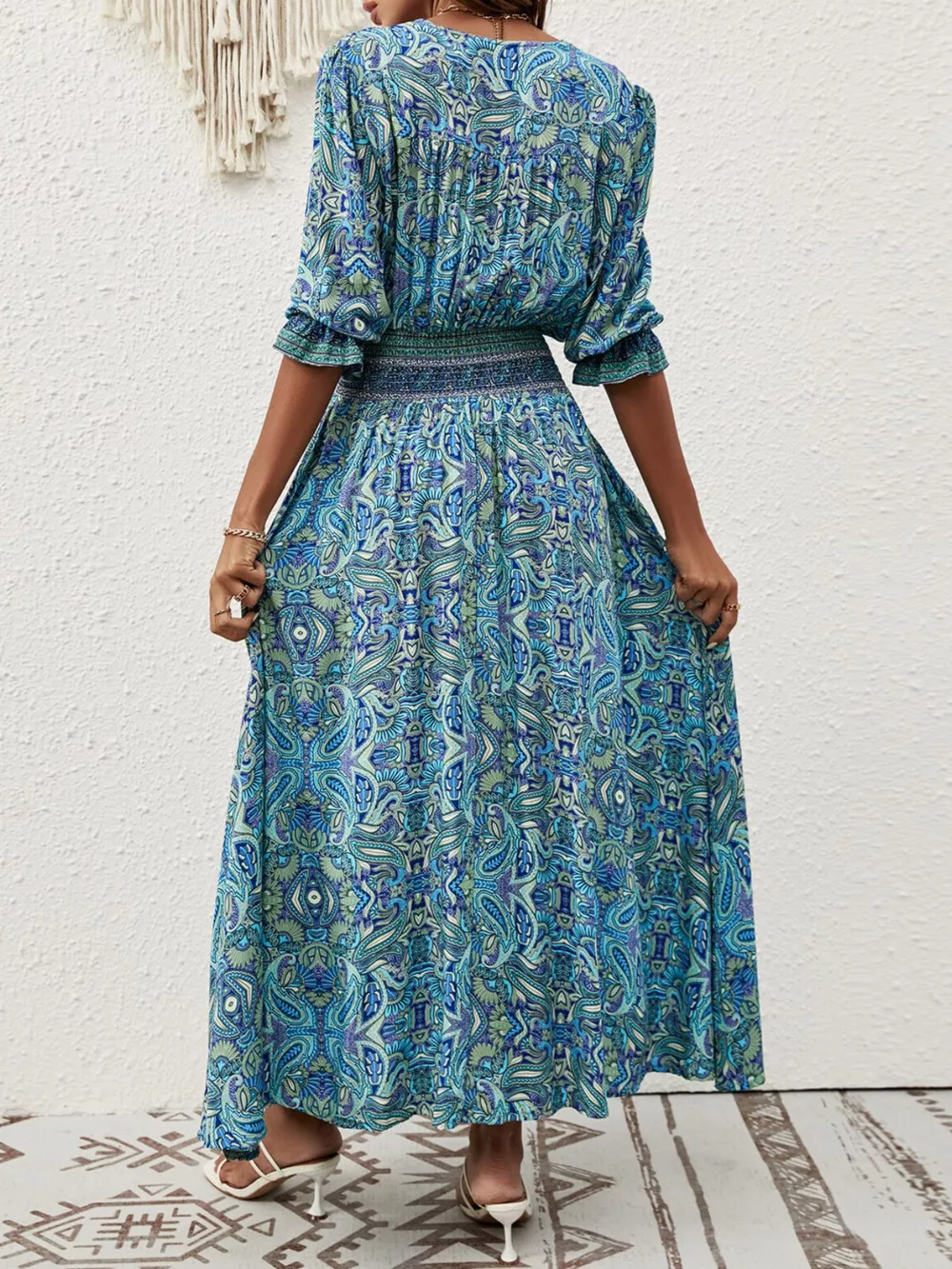 Paisley Print Half Sleeve Slit Midi Dress, image 9