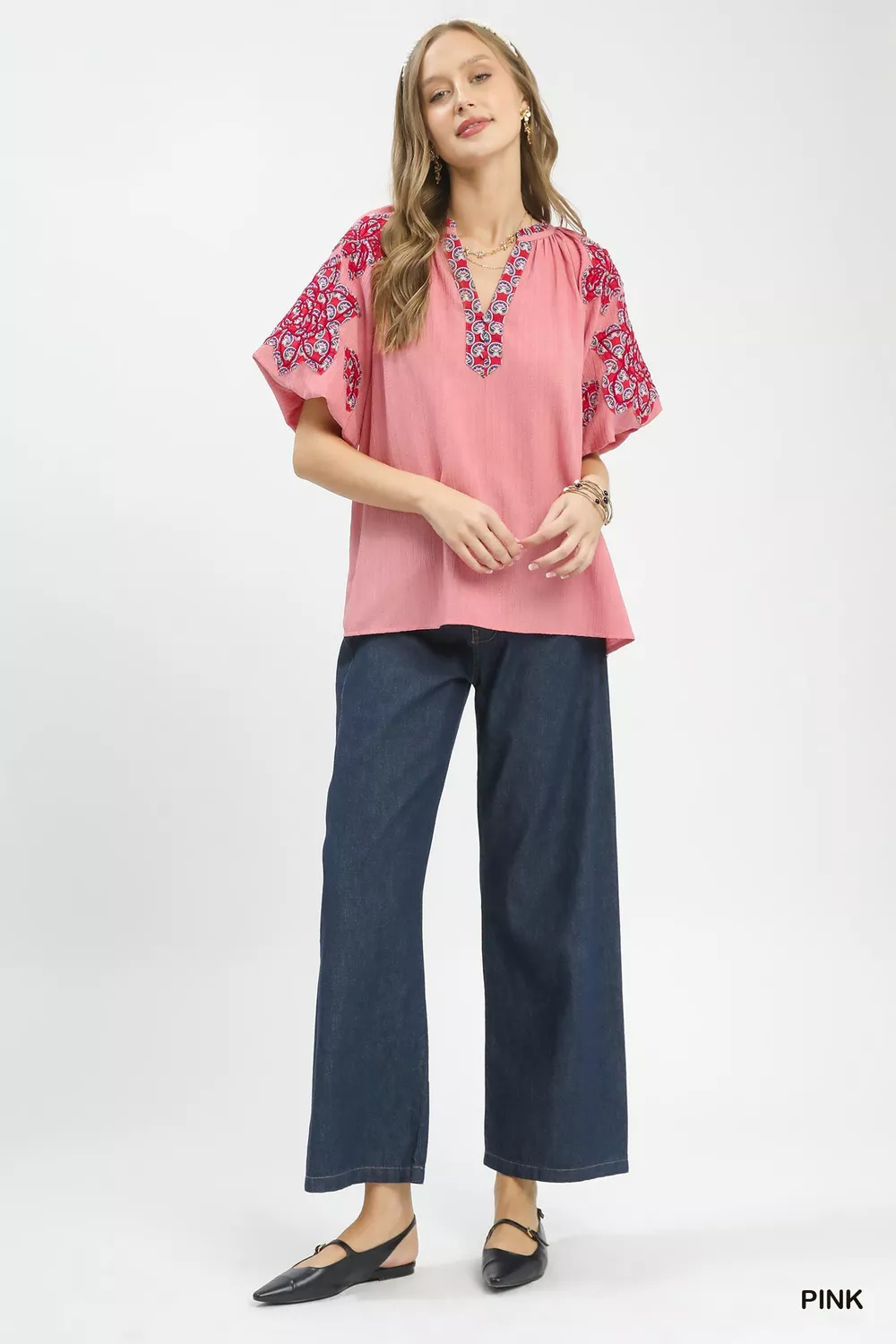 Embroidered Sleeve Contrast Trim Top, image 5