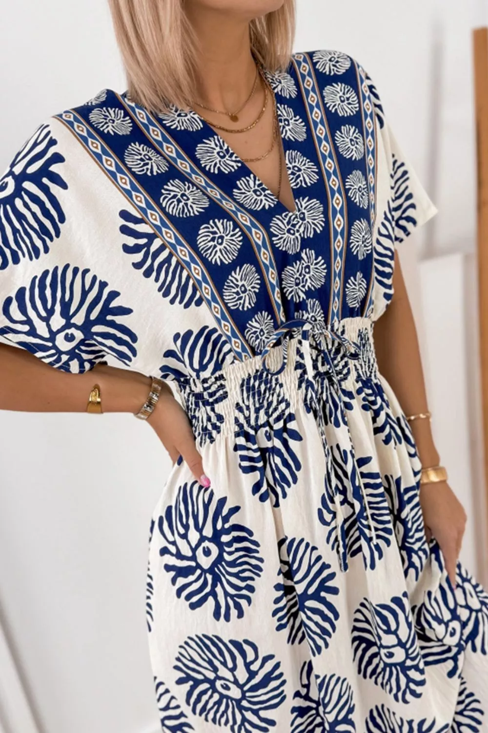 Floral Print Contrast Patchwork V Neck Dolman Dress, image 5