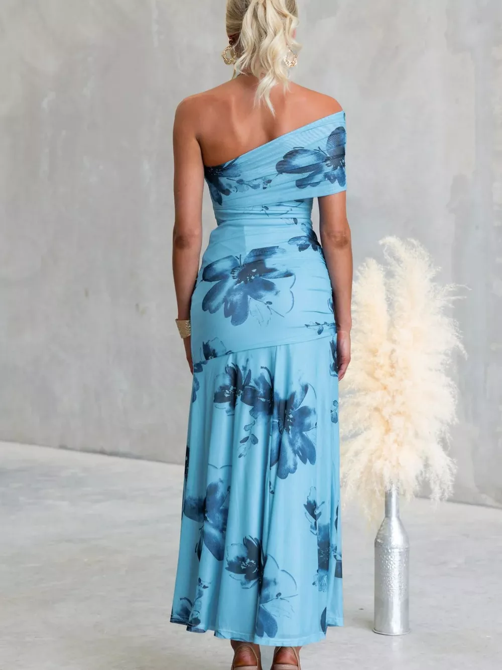 Floral Print One-Shoulder Ruched Maxi Dress, image 8