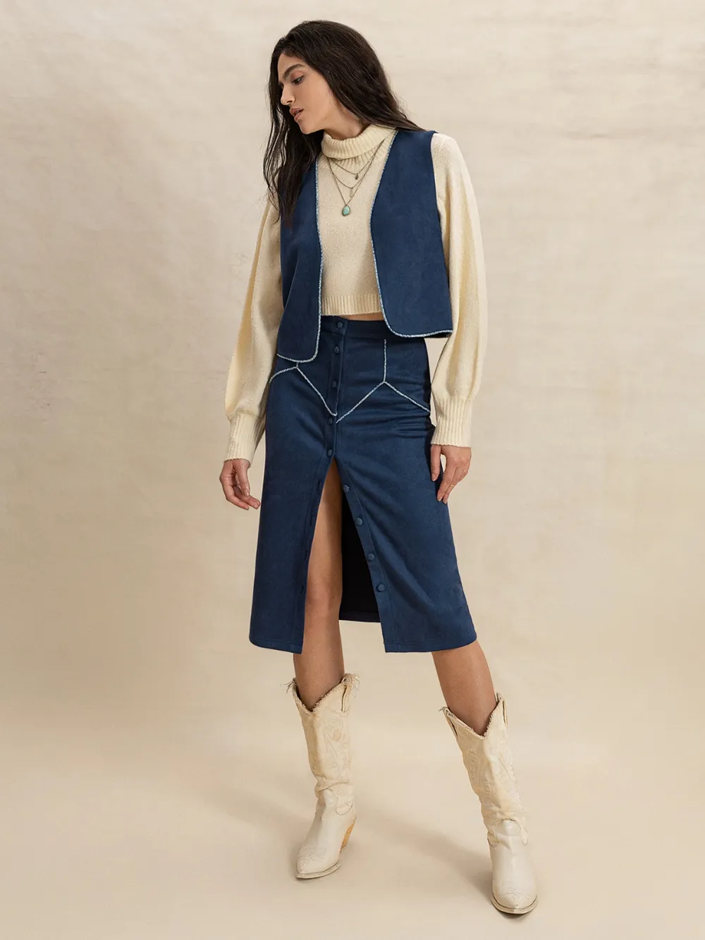 Open Front Vest and Buttoned Skirt Set, image 6