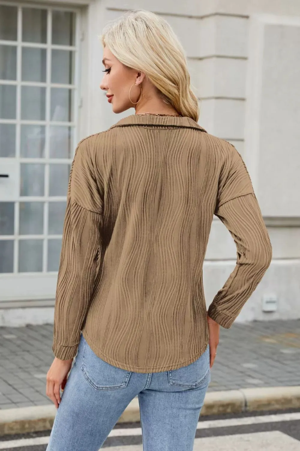 Texture Collared Neck Long Sleeve Blouse, image 15