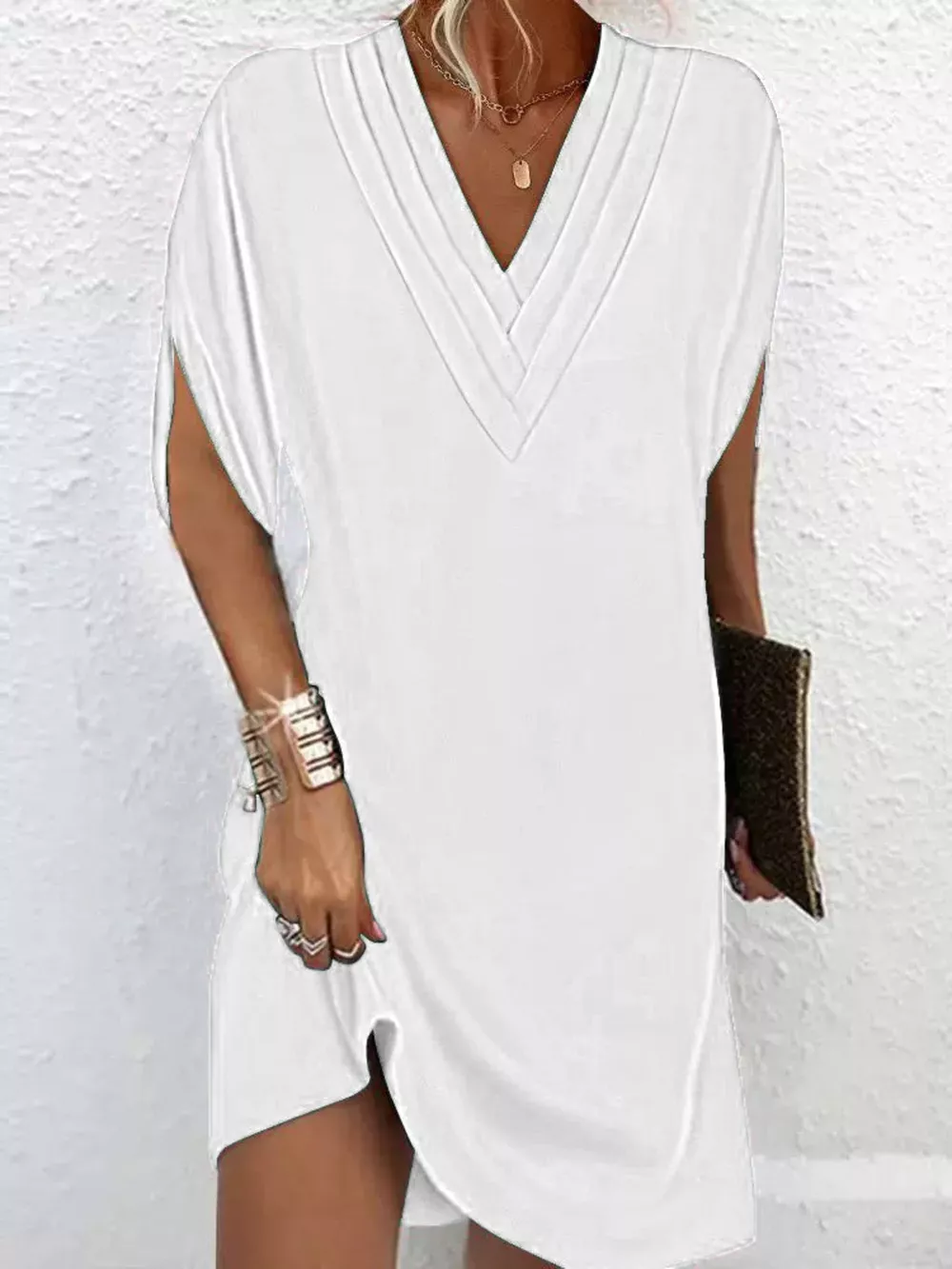 Full Size V-Neck Slit Sleeve Mini Dress Plus Size, image 3