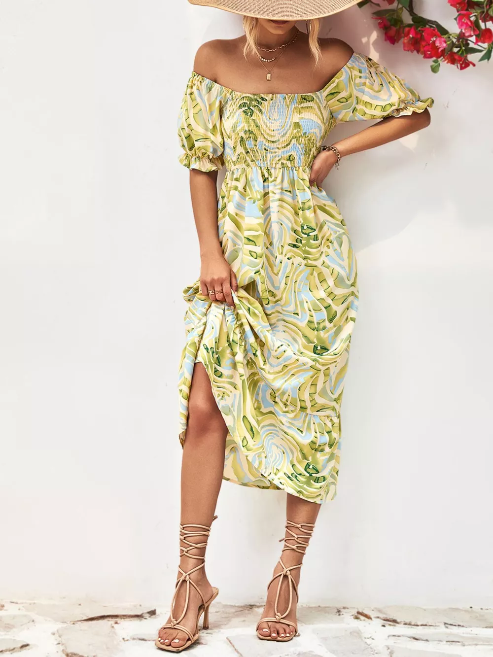 Smocked Printed Puff Sleeve Midi Dress, image 4