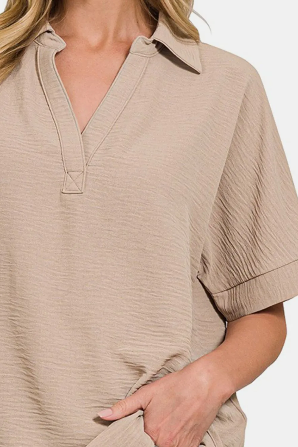 Texture Collared Neck Short Sleeve Top, image 3