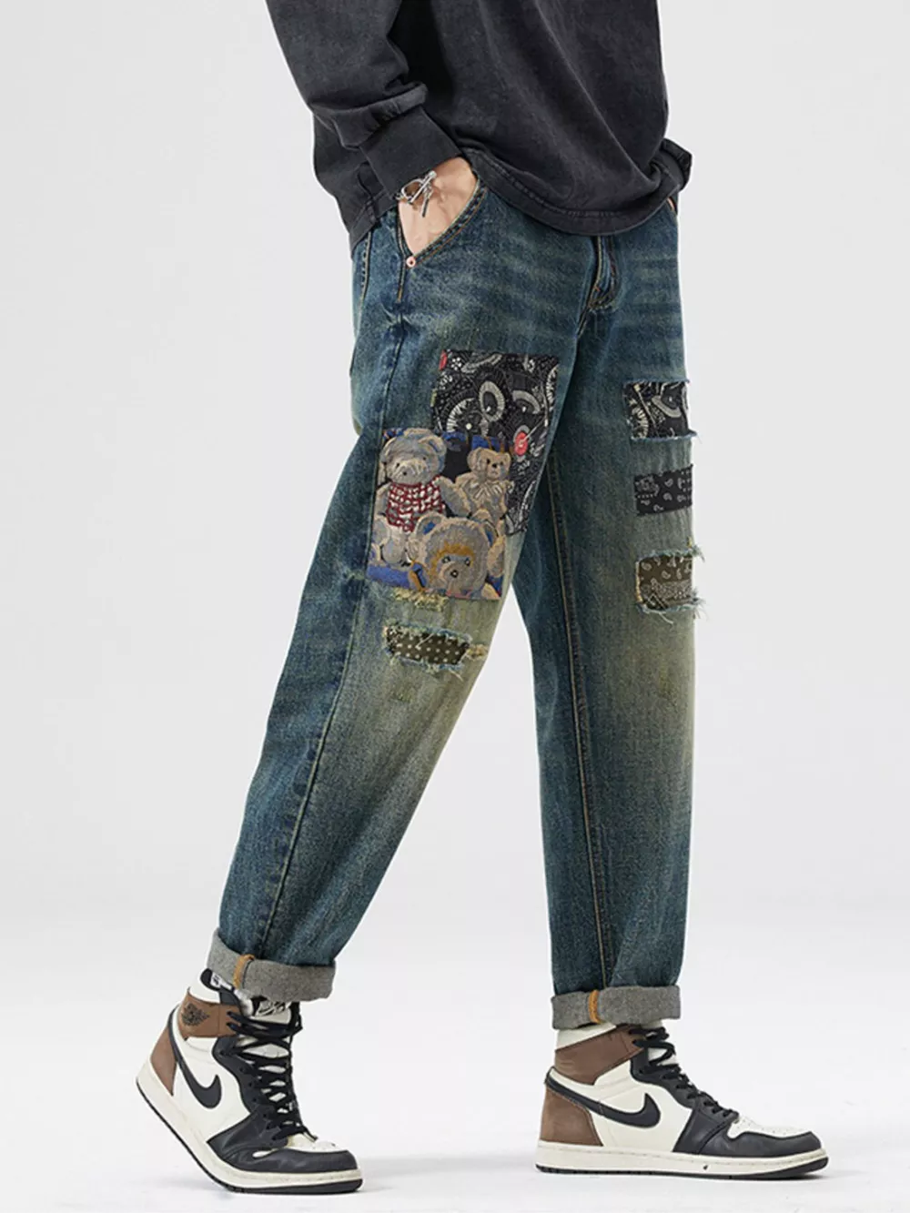 Men's Patchwork Ripped Loose Fit Jeans, image 3