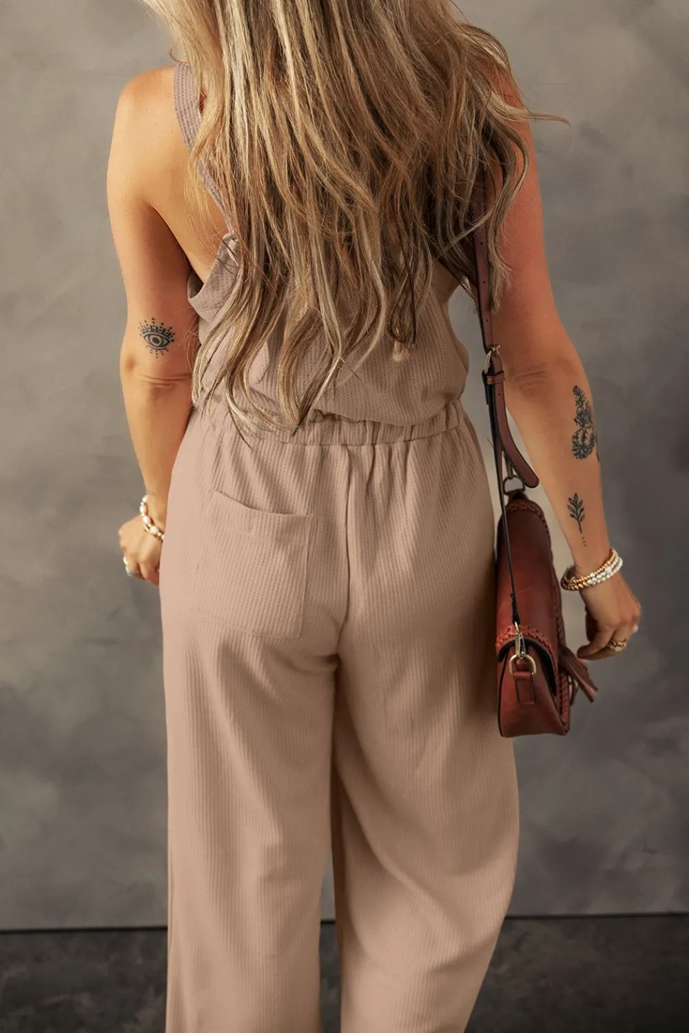 Knotted Straps Button Textured Drawstring Jumpsuit, image 10