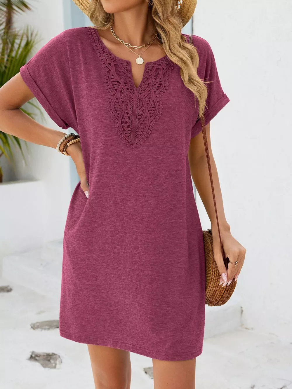Lace Trim Notched Short Sleeve Dress, image 16