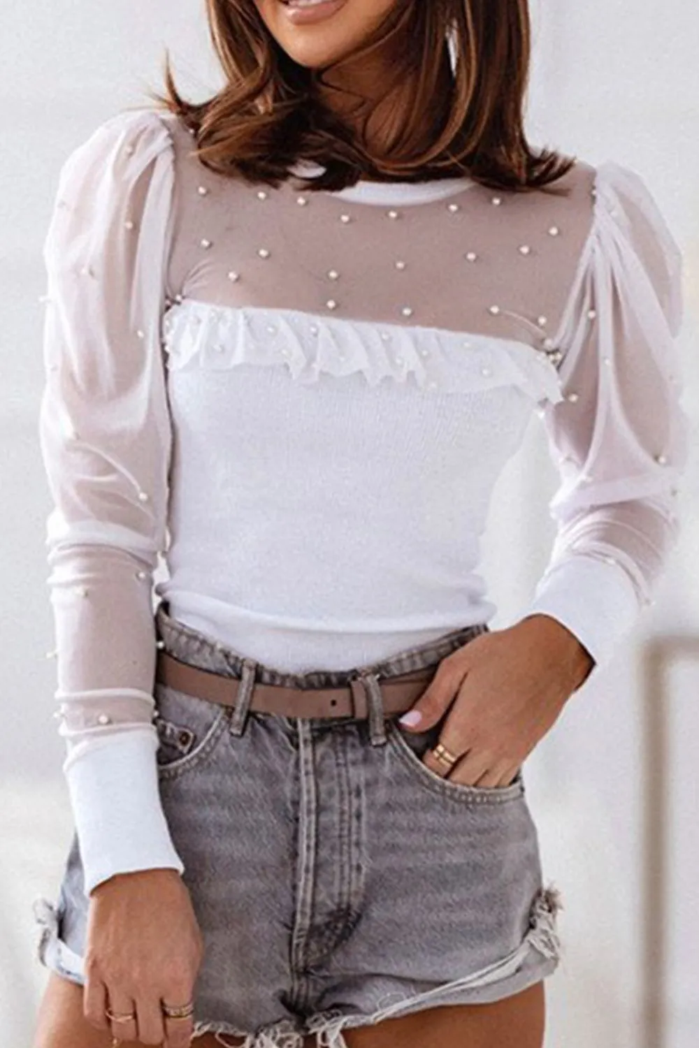 Pearl Decor Mesh Patchwork Ribbed Long Sleeve Top, image 5