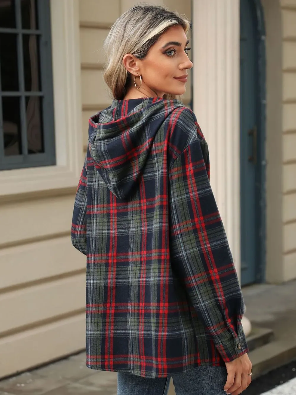 Drawstring Plaid Hooded Long Sleeve Top, image 13