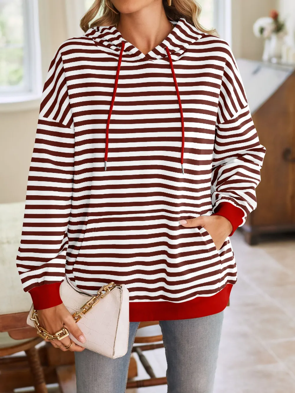 Drawstring Striped Long Sleeve Hoodie, image 22