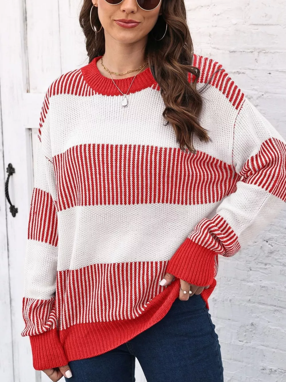 Full Size Striped Color Block Crew Neck Sweater Plus Size, image 6