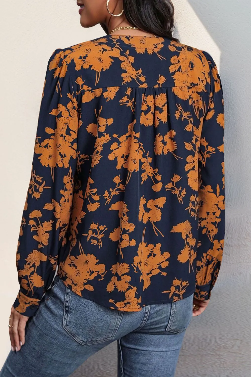 Printed Notched Long Sleeve Blouse, image 5