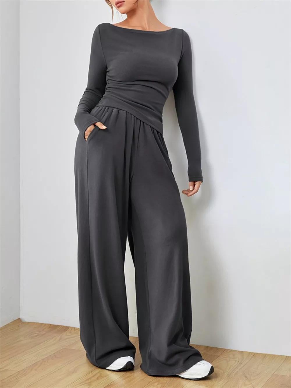 Casual Long Sleeve Top & Wide Leg Pants Set, image 5