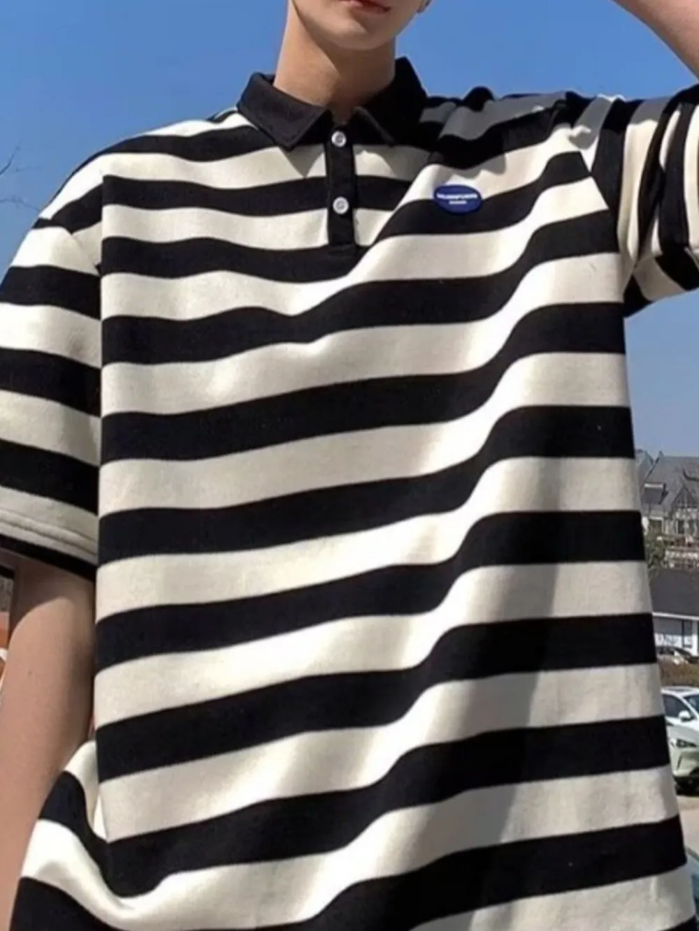 Men's Plus Size Striped Short Sleeve Oversized Polo, image 2
