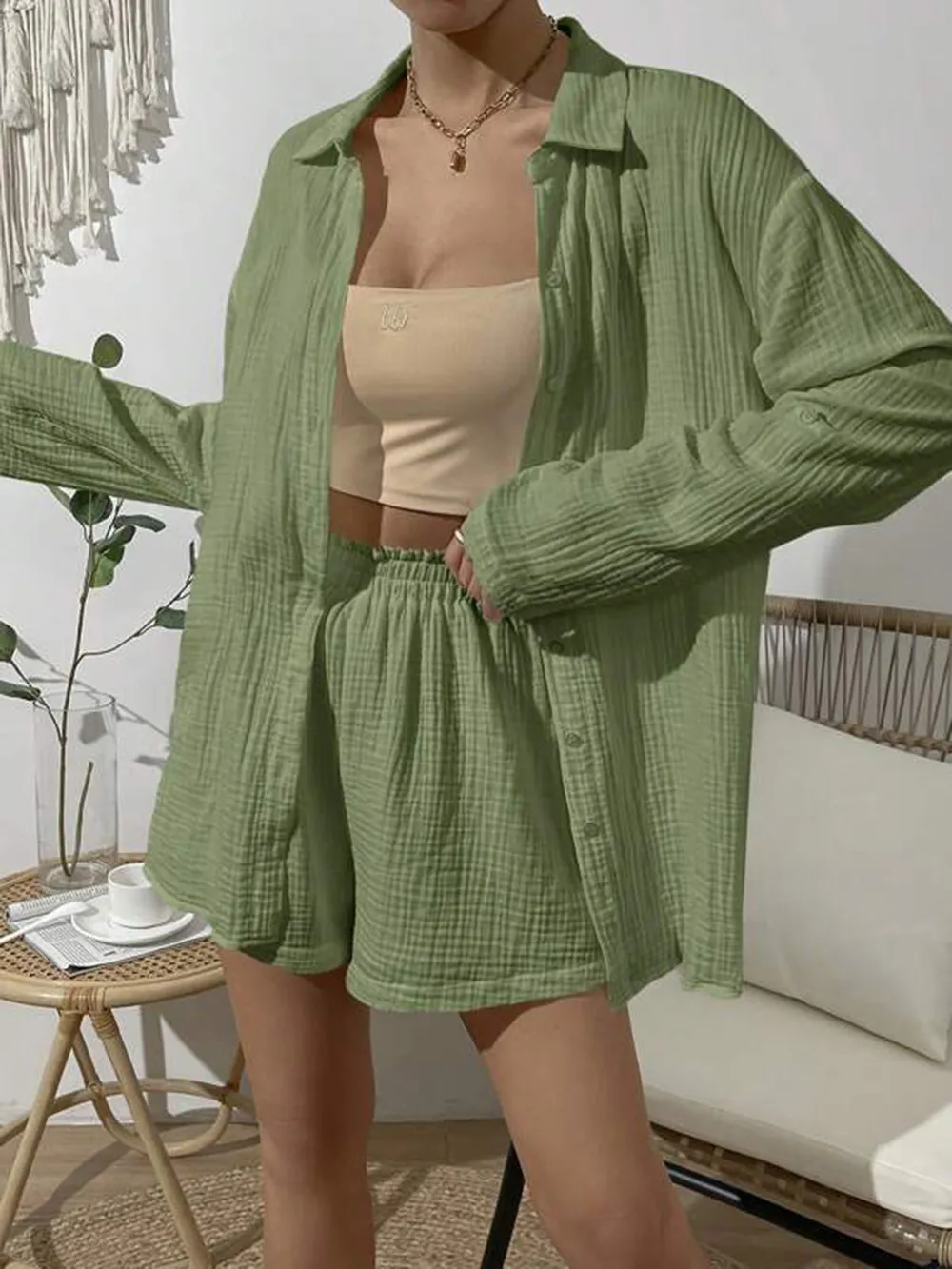 Dropped Shoulder Button Up Top and Elastic Waist Shorts Set, image 29