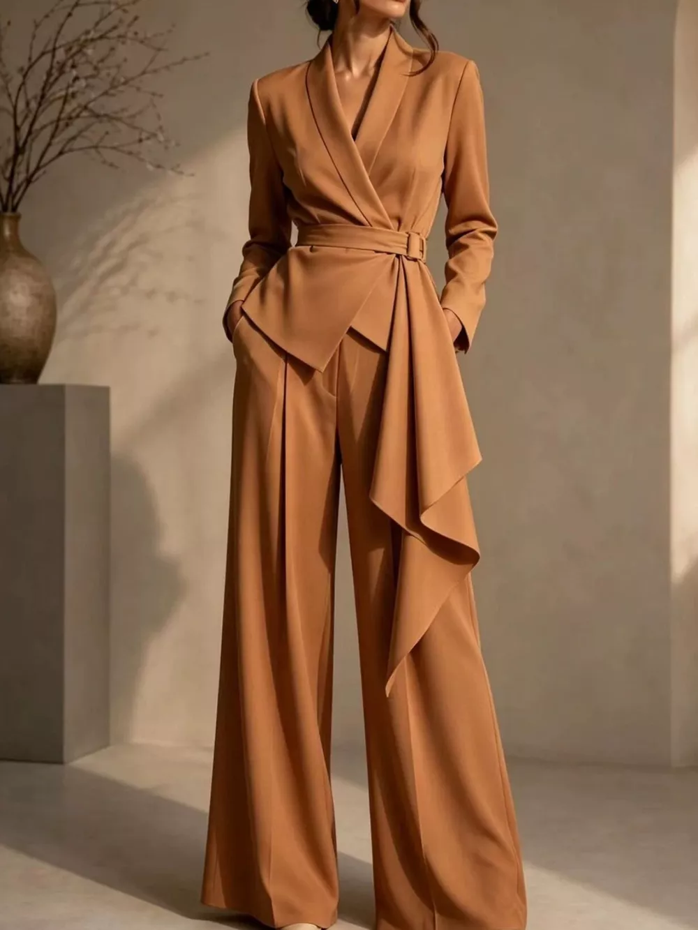 Full Size Belted Blazer and Wide-Leg Pants Set Plus Size, image 2