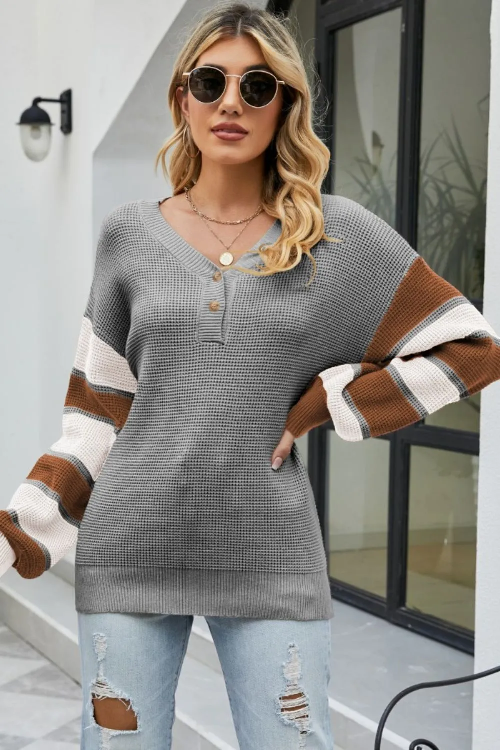 Color Block V-Neck Dropped Shoulder Sweater, image 5