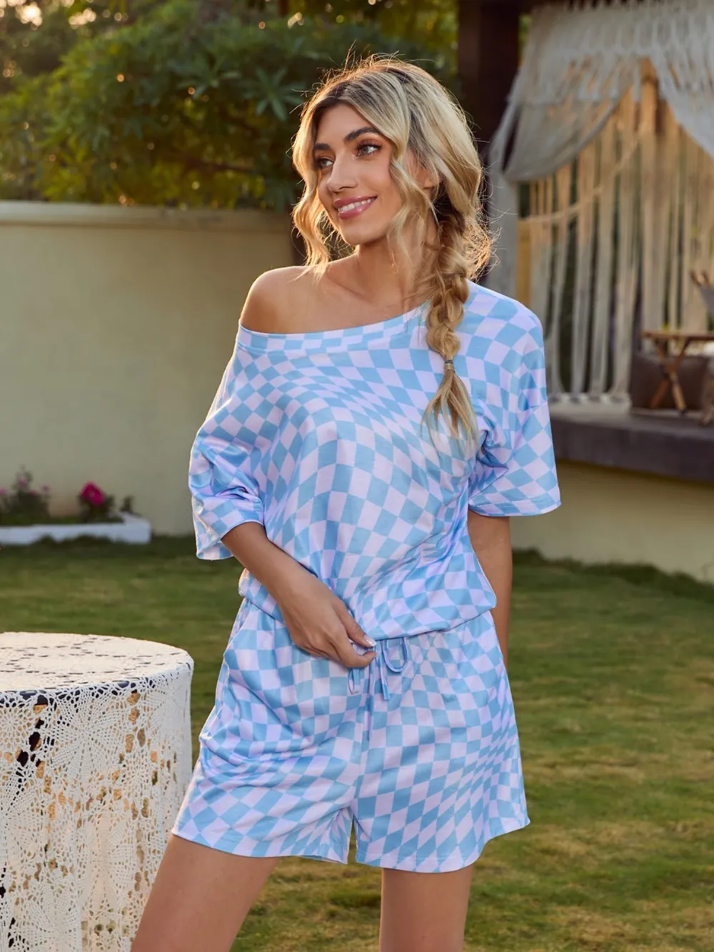 Plaid Round Neck Top and Shorts Lounge Set, image 3
