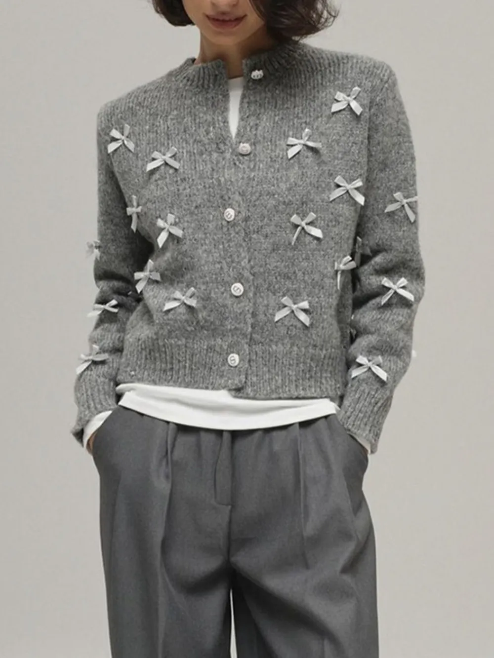 Bow Button Up Long Sleeve Cardigan