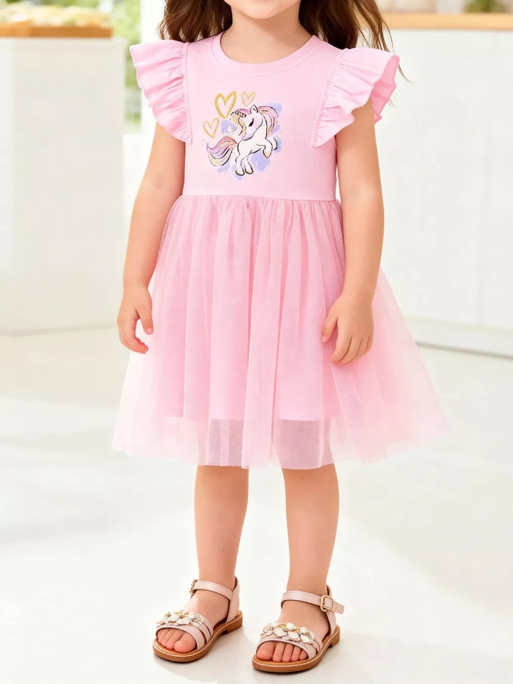 Children's Unicorn Graphic Ruffle Sleeve Tulle Dress
