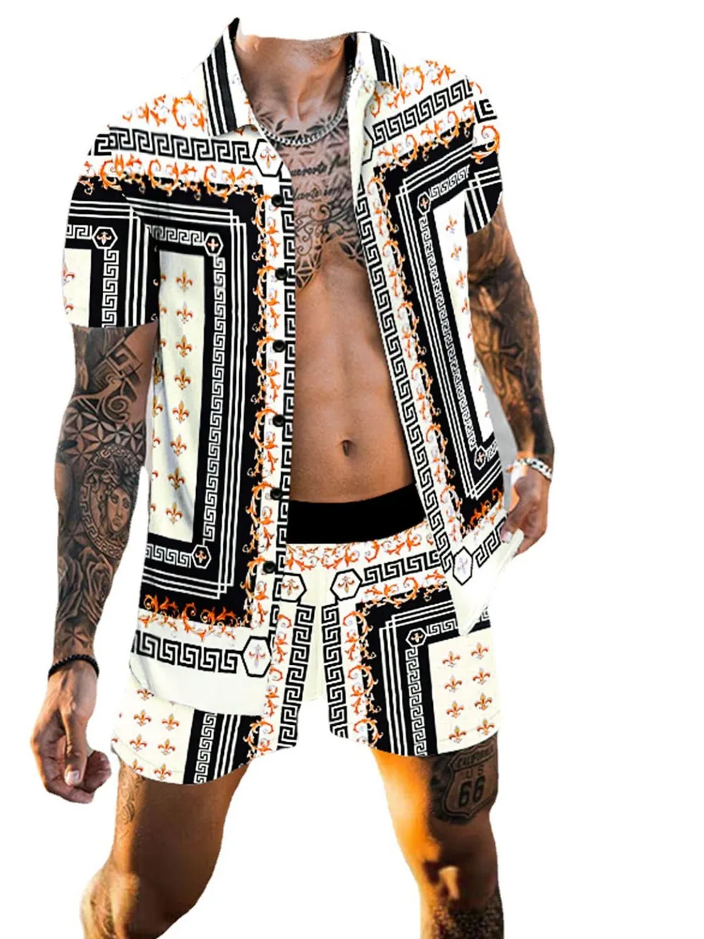 Men's Full Size Printed Collared Neck Short Sleeve Top and Shorts Set Plus Size, image 4