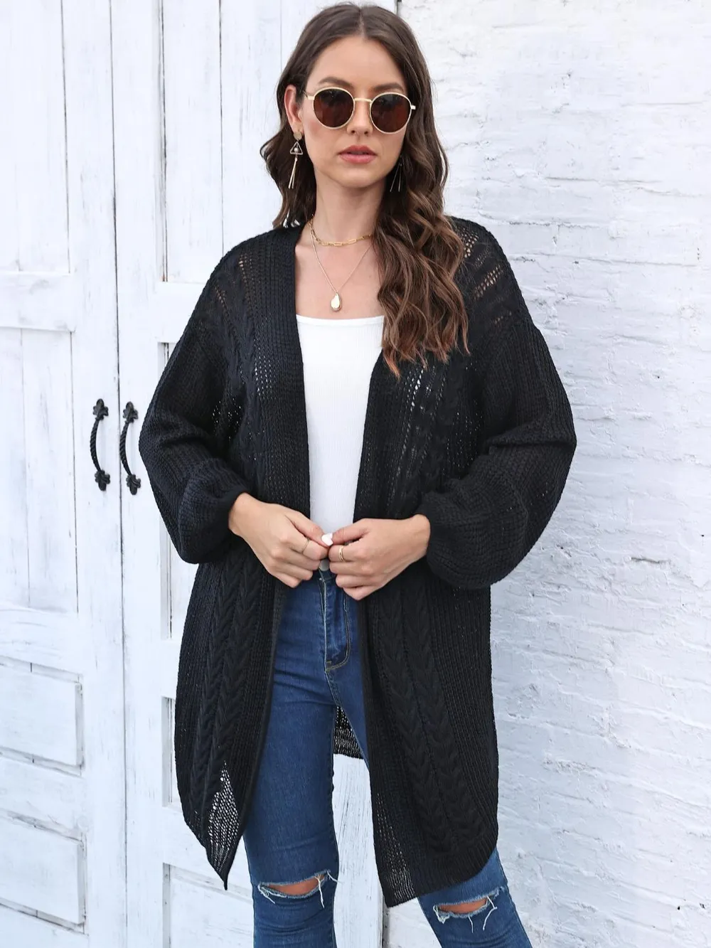 Cable-Knit Open Front Long Sleeve Cardigan, image 2