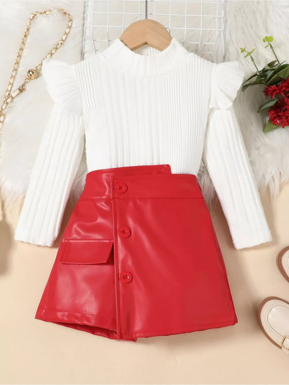Children's Ribbed Knit Top and Leather Skirt Set, image 12