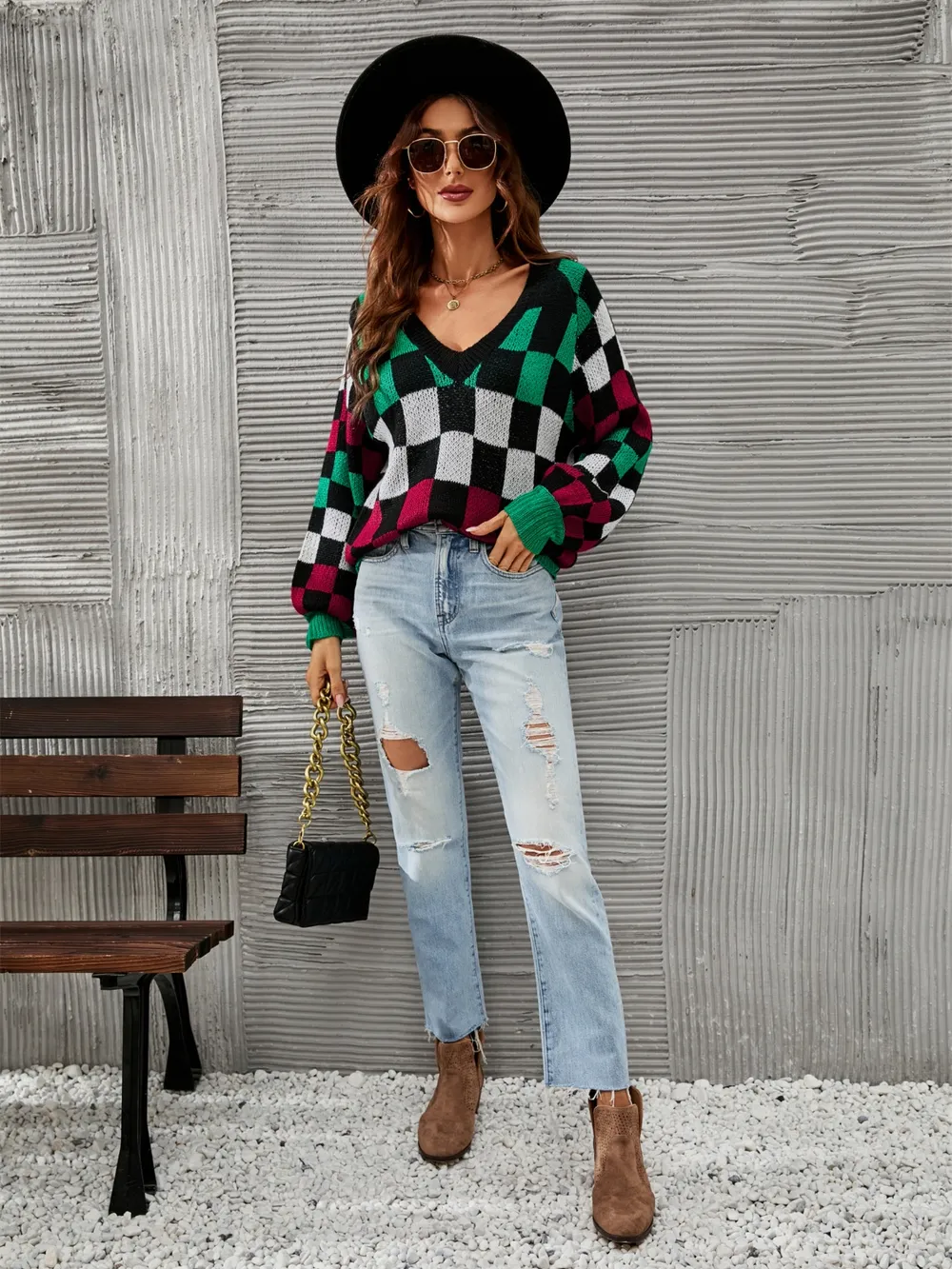 Checkered V-Neck Lantern Sleeve Sweater, image 12