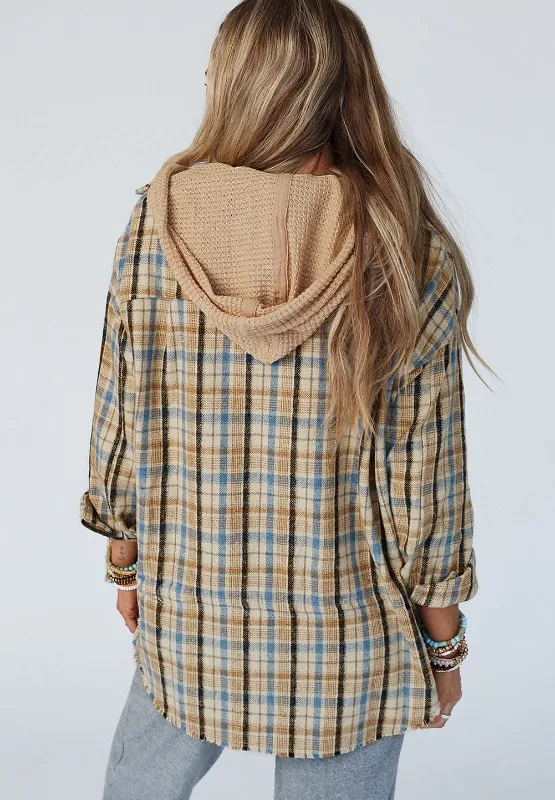 Drawstring Waffle Knit Patchwork Hooded Plaid Shacket, image 3