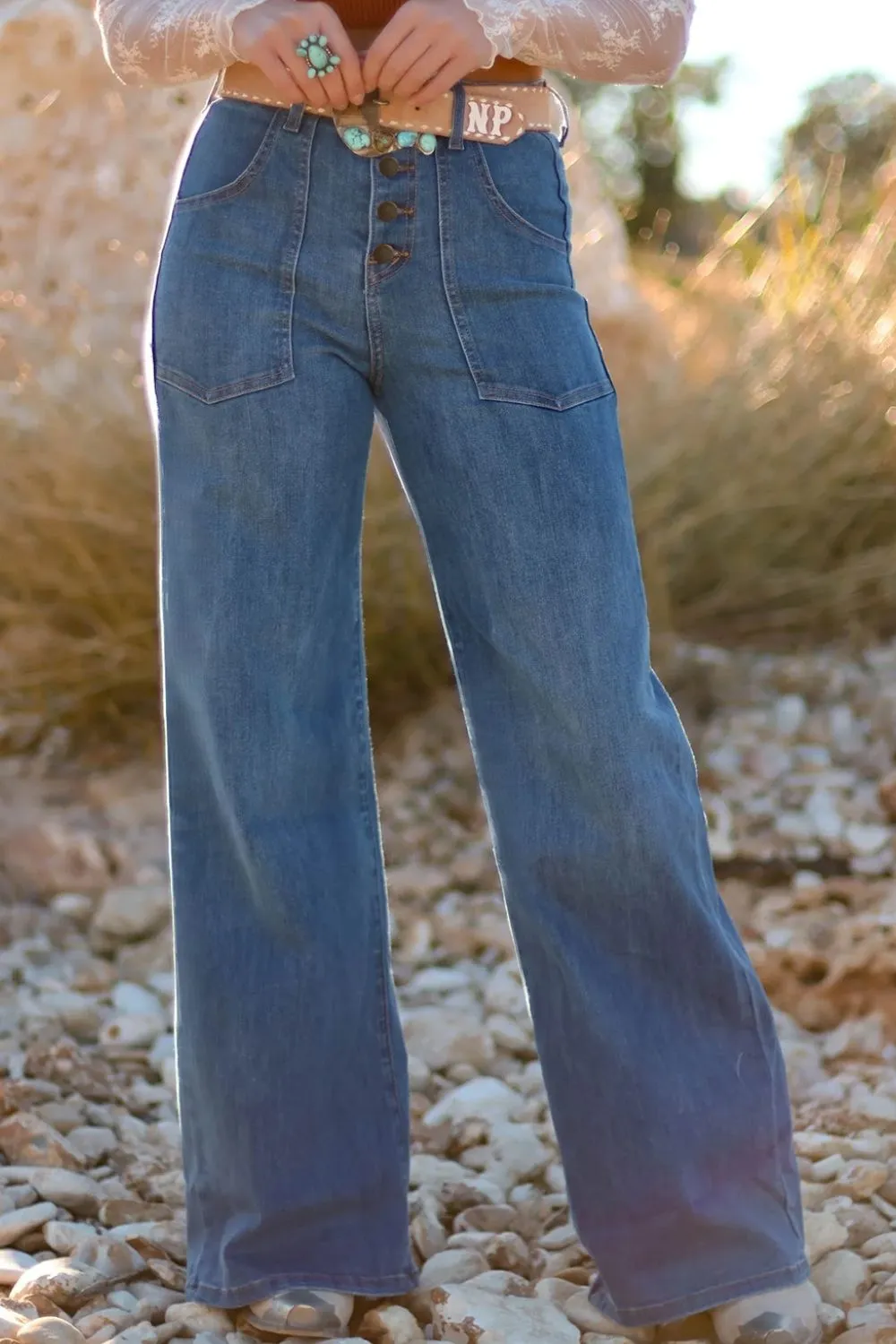 High-Waisted Wide-Leg Button-Front Jeans, image 2
