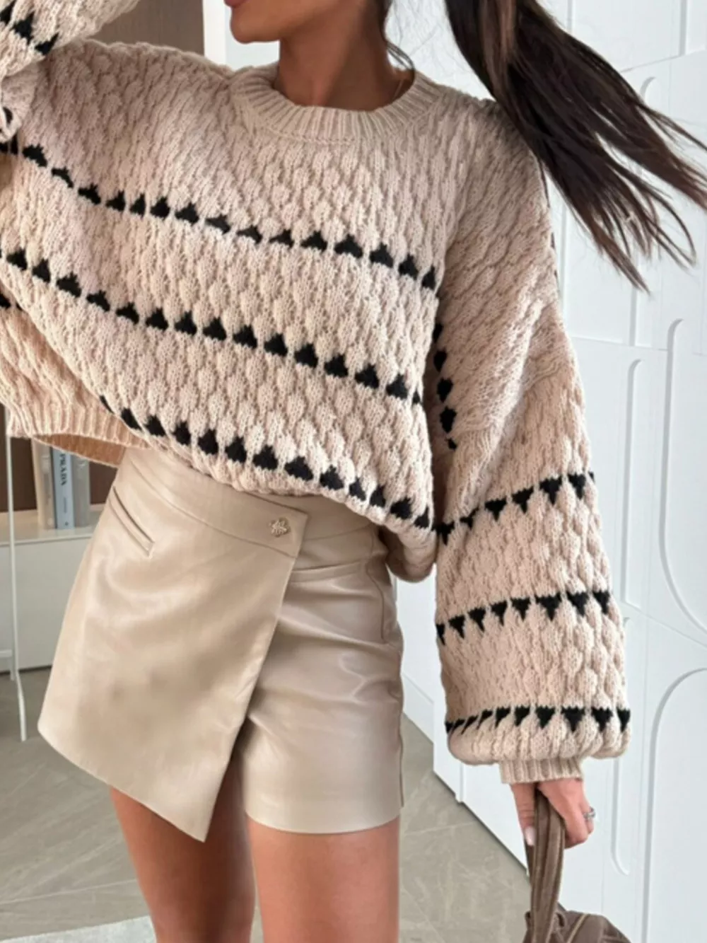 Chunky Knit Striped Sweater with Balloon Sleeves, image 8
