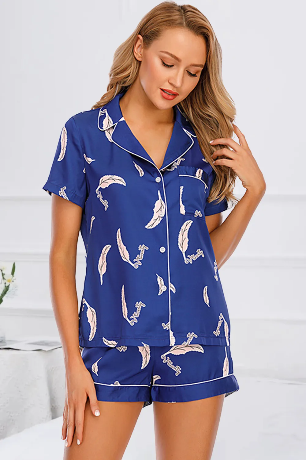 Printed Button Up Short Sleeve Top and Shorts Lounge Set, image 18