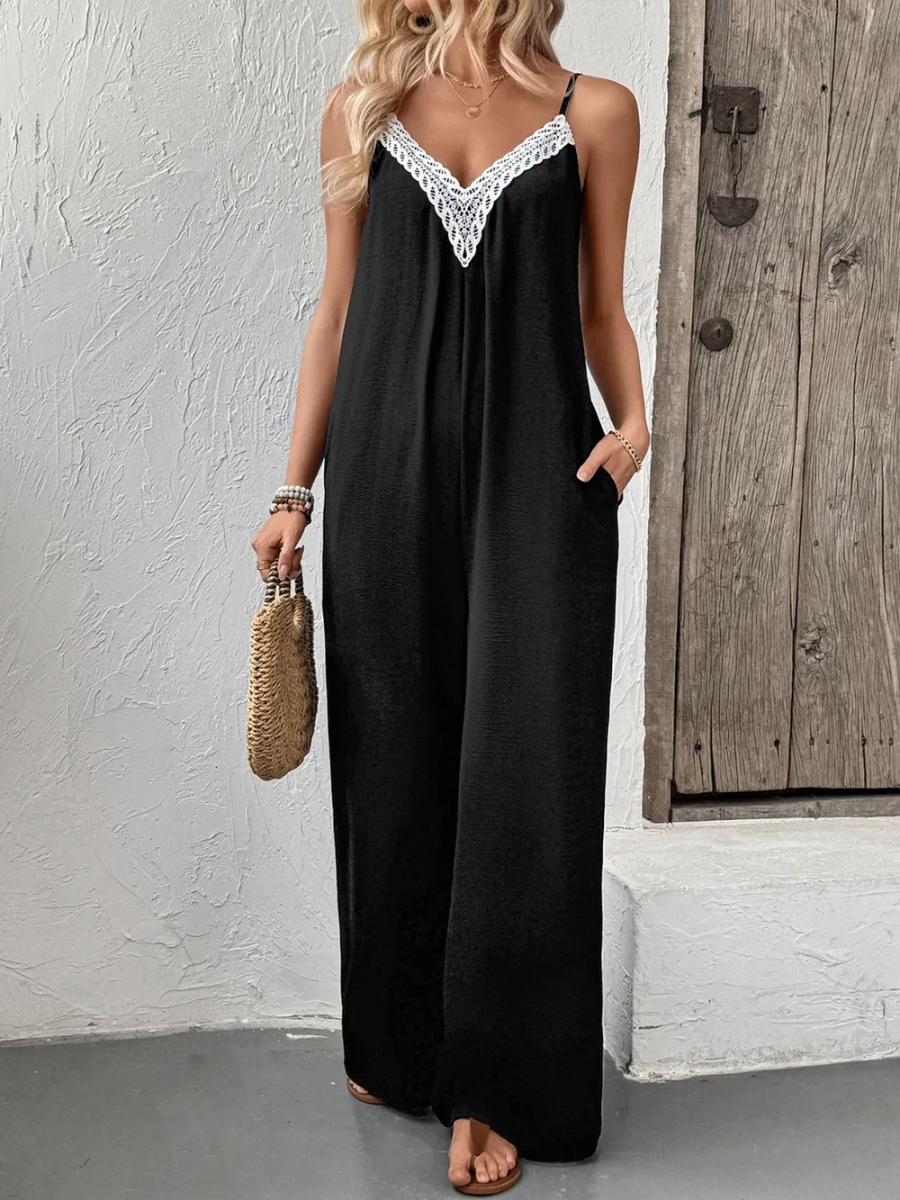 Lace Trim V-Neck Wide Leg Jumpsuit, image 4