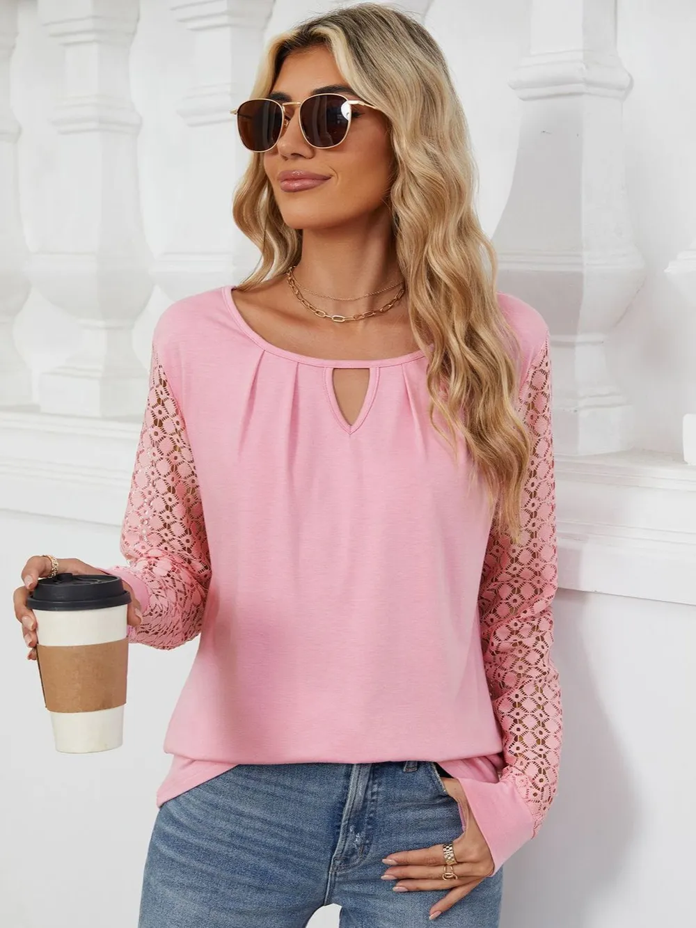 Cutout Round Neck Long Sleeve T-Shirt, image 2