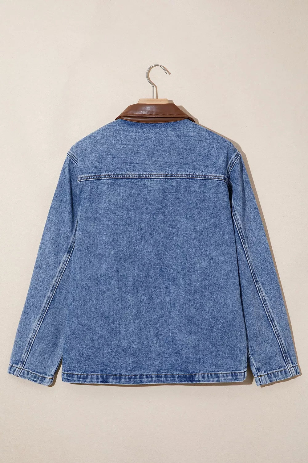 Patchwork Leather Collar Long Sleeve Denim Jacket, image 4