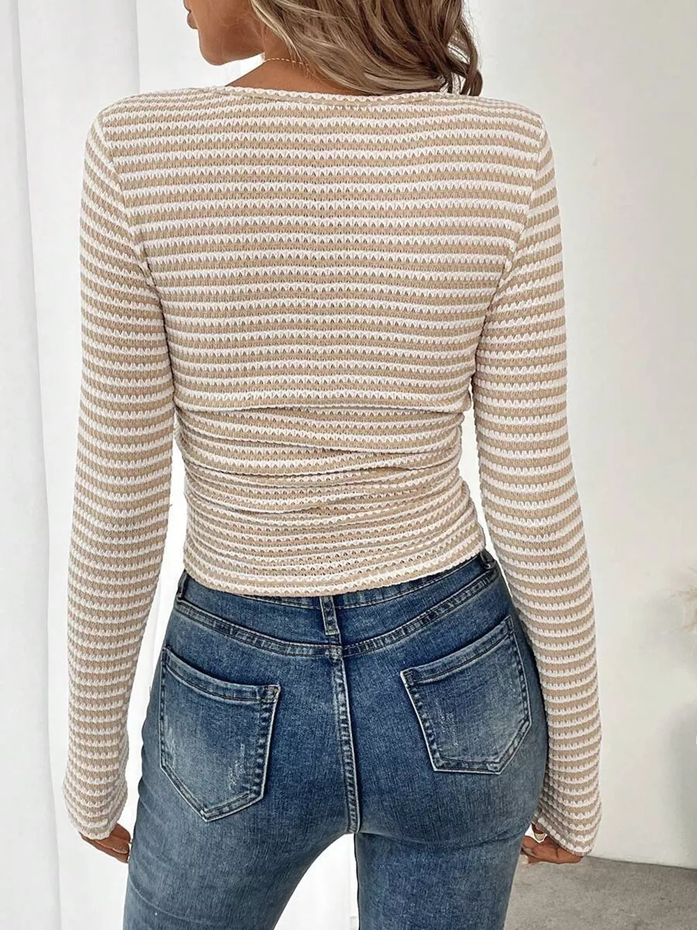 Striped Square Neck Long Sleeve T-Shirt, image 2