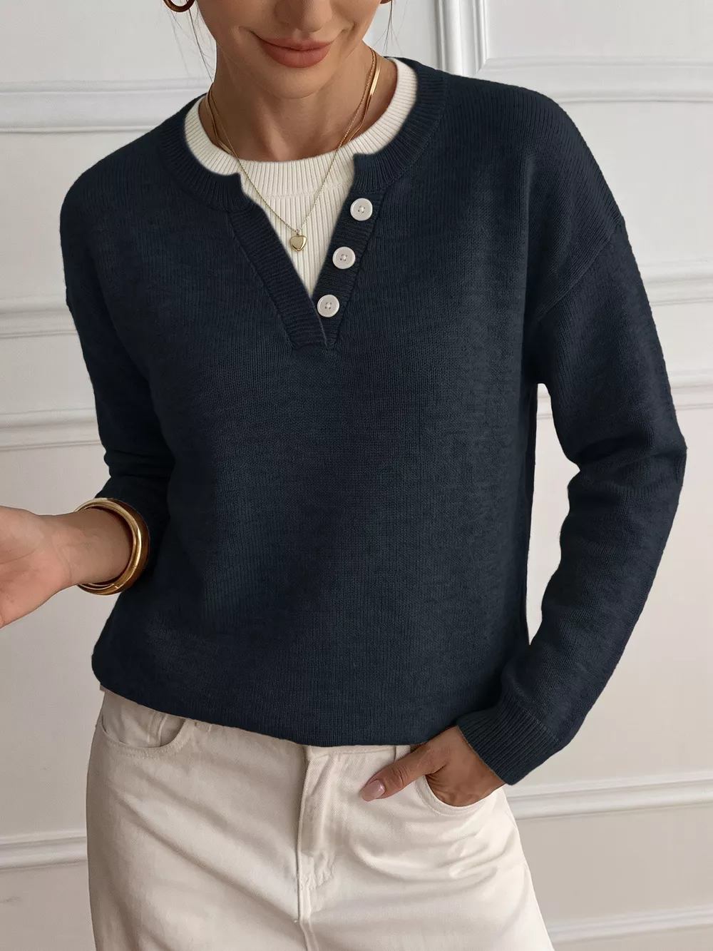 Dropped Shoulder Decorative Button Sweater, image 7