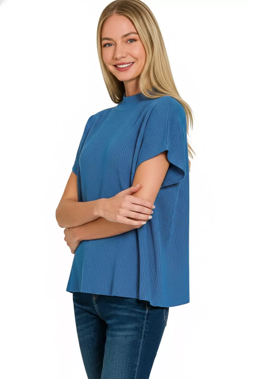 Viscose Mock Neck Short Sleeve Boxy Sweater, image 3