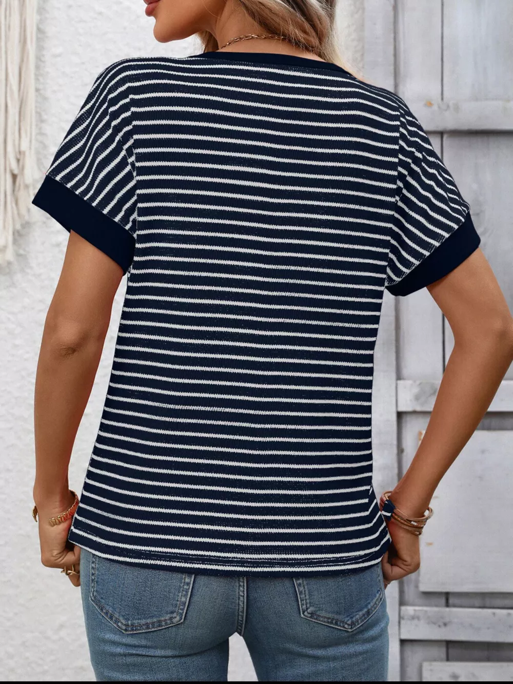 Striped Ribbed Knit Short Sleeve T-Shirt, image 4