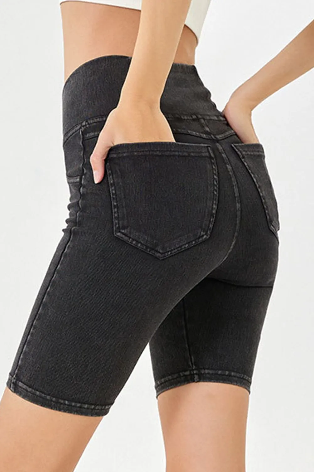 Asymmetrical Waist Denim Shorts with Pockets, image 11