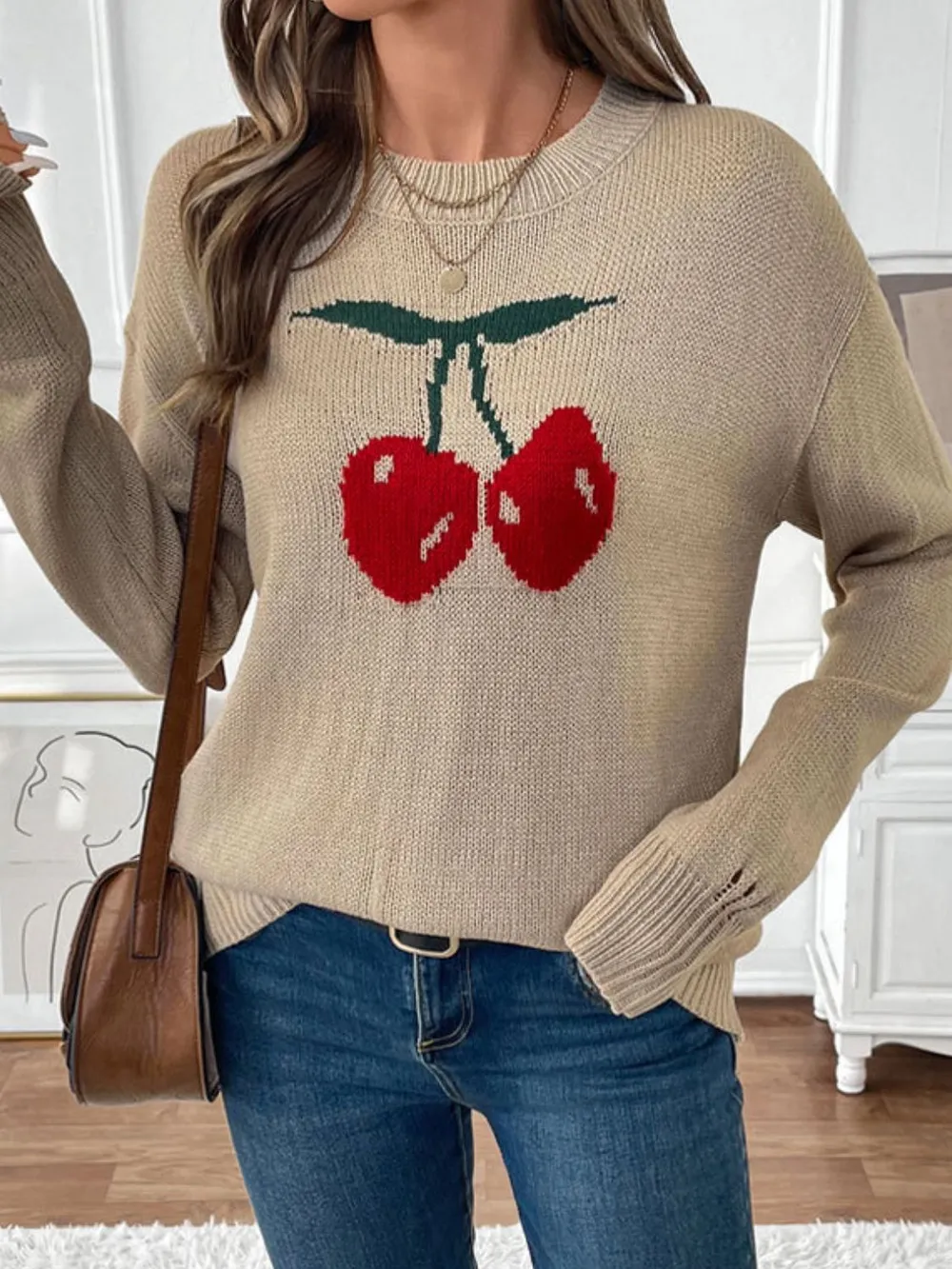 Cherry Round Neck Long Sleeve Sweater, image 6