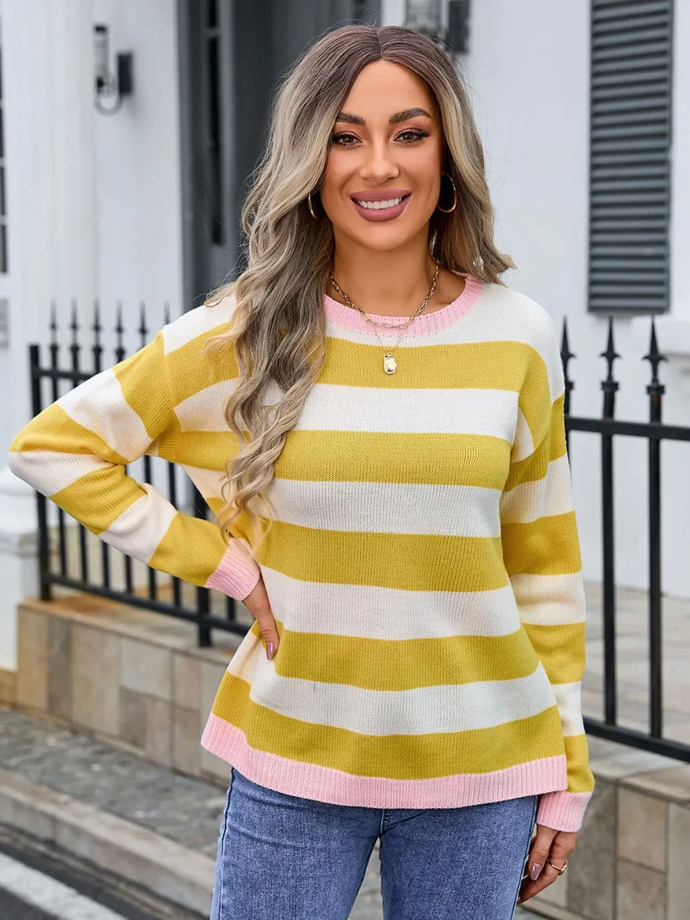 Striped Round Neck Dropped Shoulder Sweater, image 7