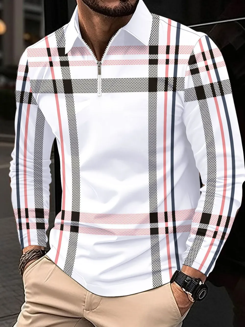 Men's Full Size Plaid Zip Collar Long Sleeve Polo Plus Size, image 2