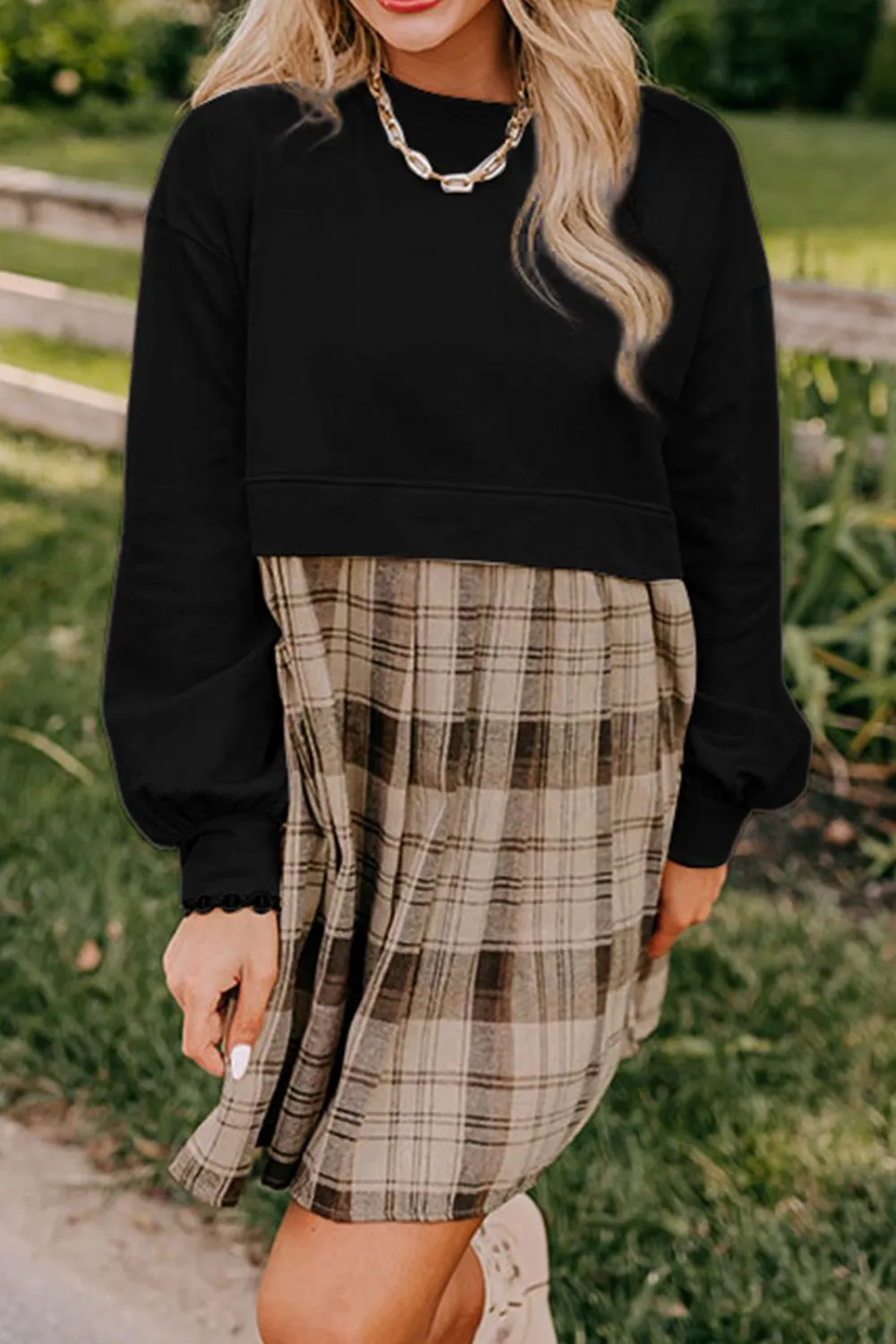 Plaid Round Neck Long Sleeve Mini Dress, image 11