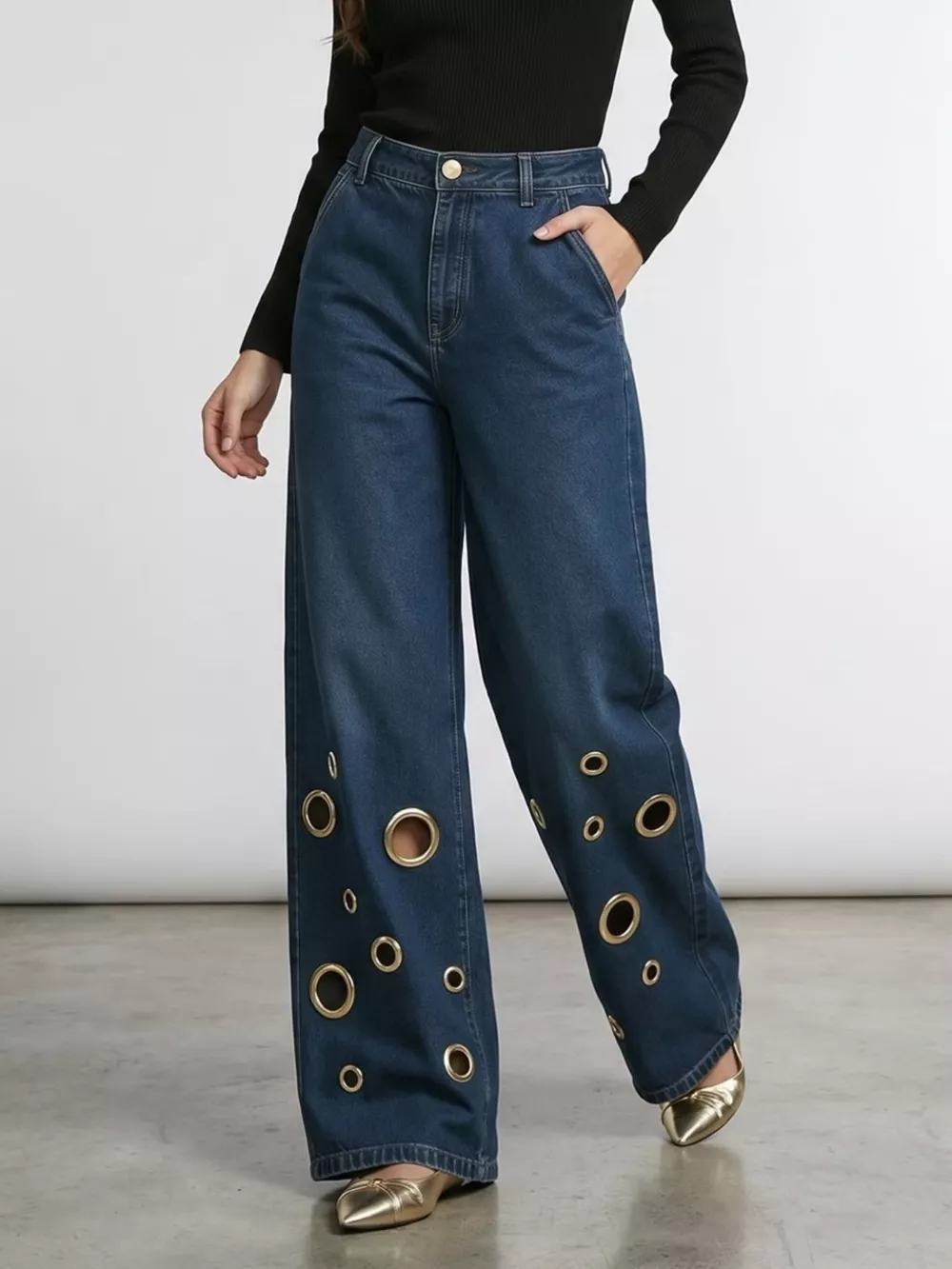 Wide Leg Jeans with Eyelet Details, image 2